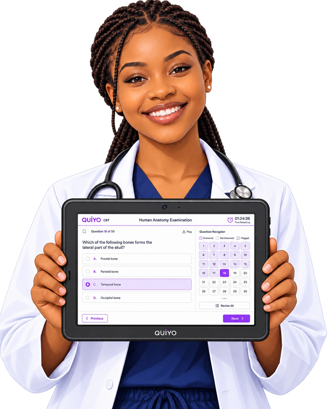 Clinician holding the front view of the Quiyo Device concept screen