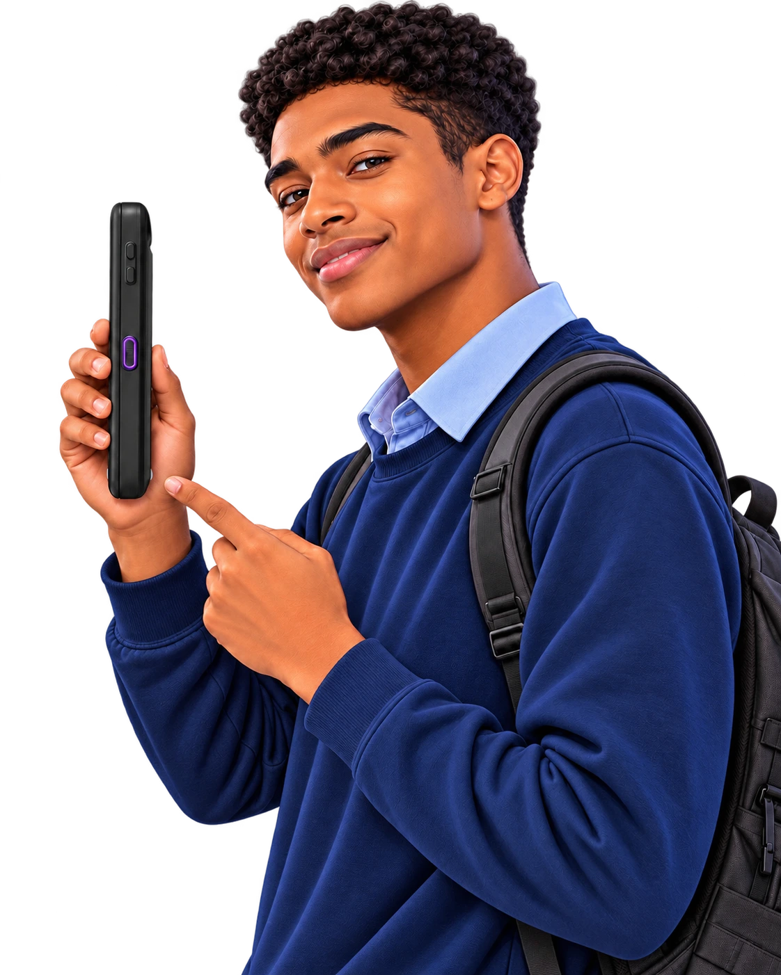 Student holding the side profile of the Quiyo Device concept