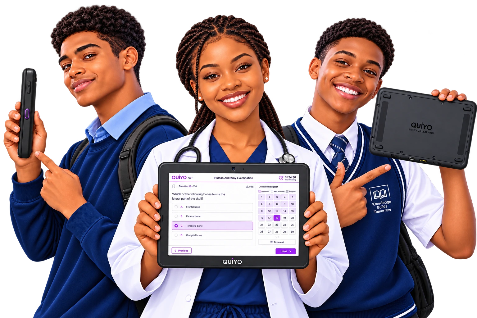 Three smiling students and a clinician presenting Quiyo Device from multiple concept views