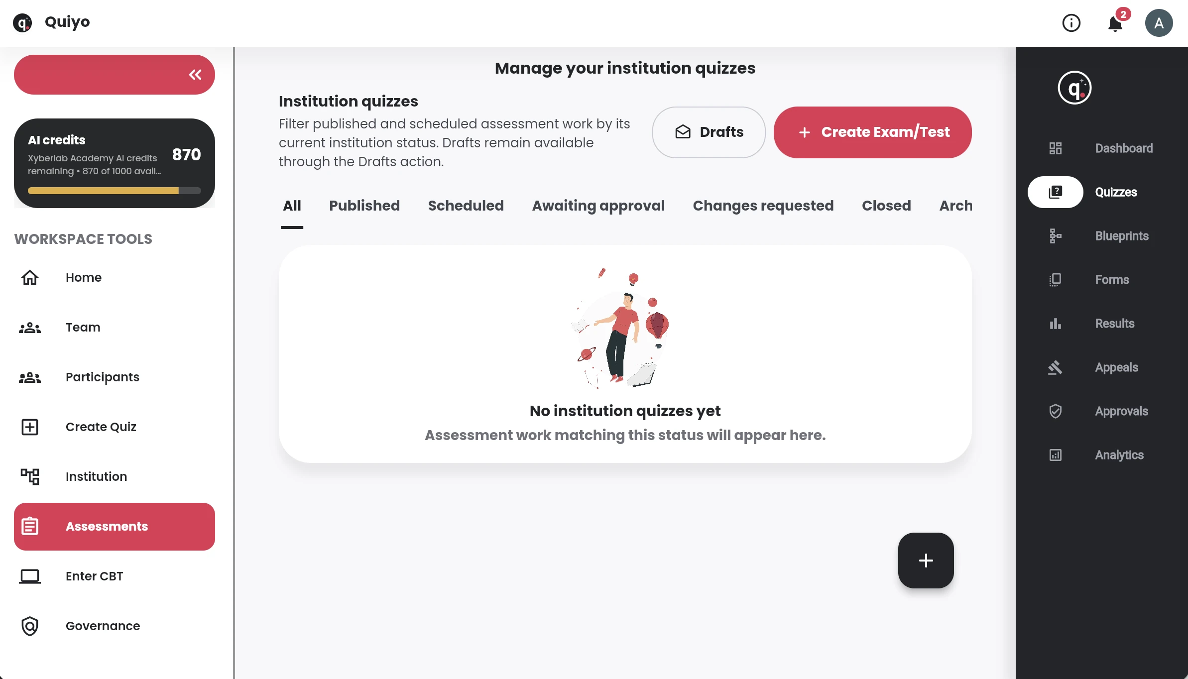 Quiyo interface for Managed question banks for repeated assessment work