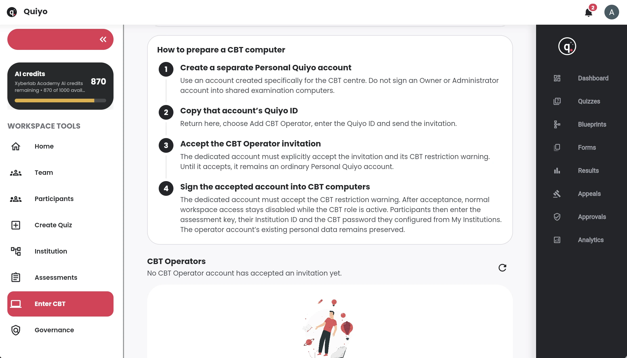 Quiyo interface for CBT operations