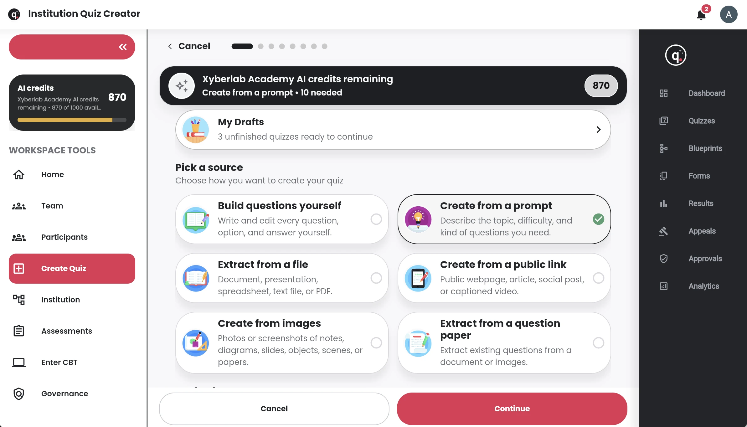Related Quiyo interface for Materials and course outlines inside Institution Workspace