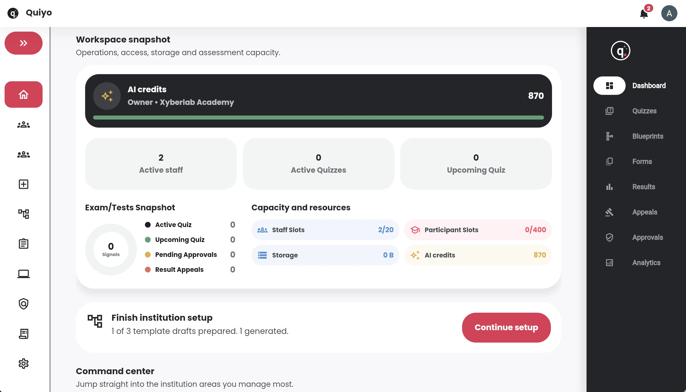 Quiyo interface for Materials and course outlines inside Institution Workspace