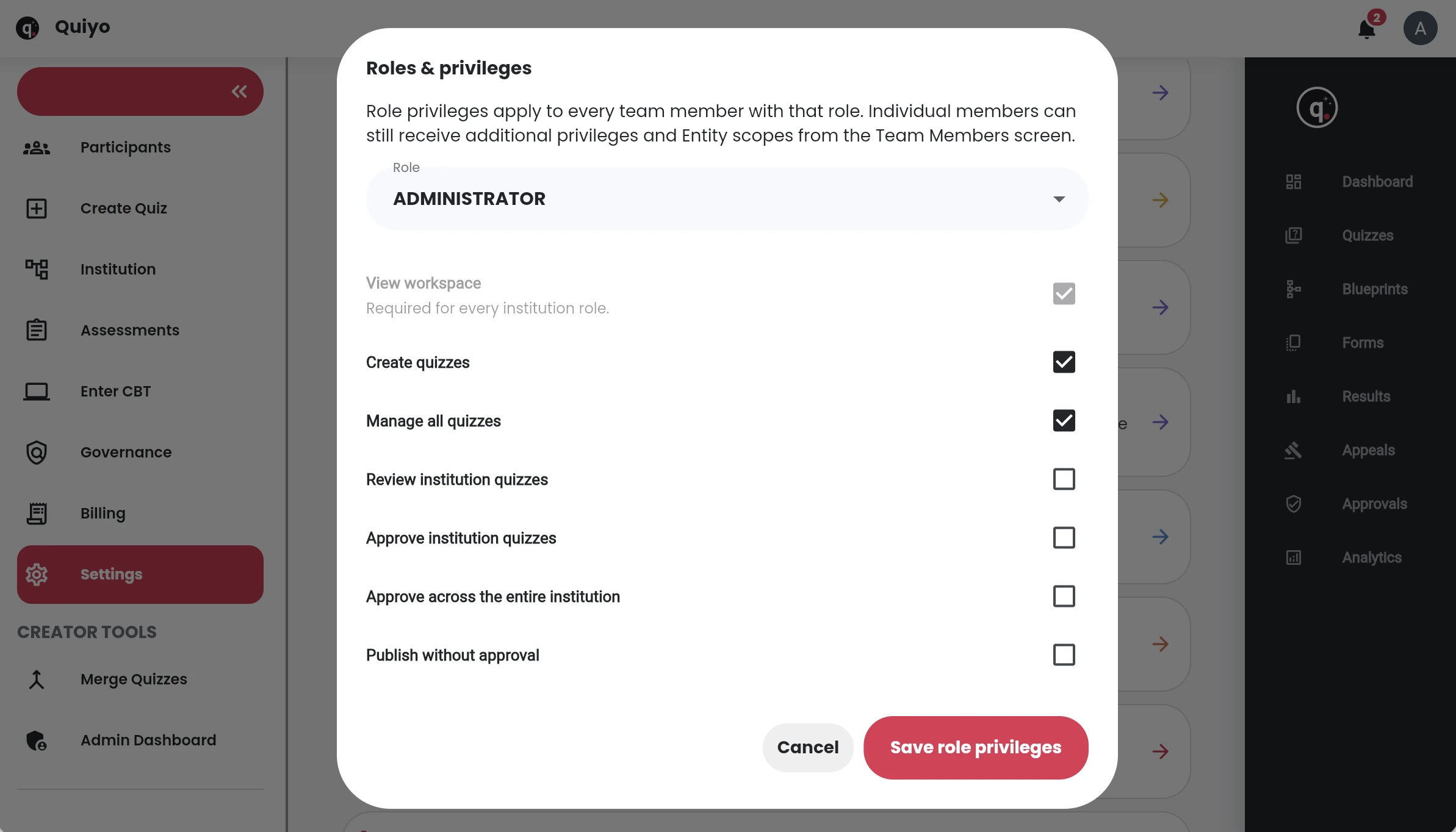 Related Quiyo interface for Participants, staff teams and roles