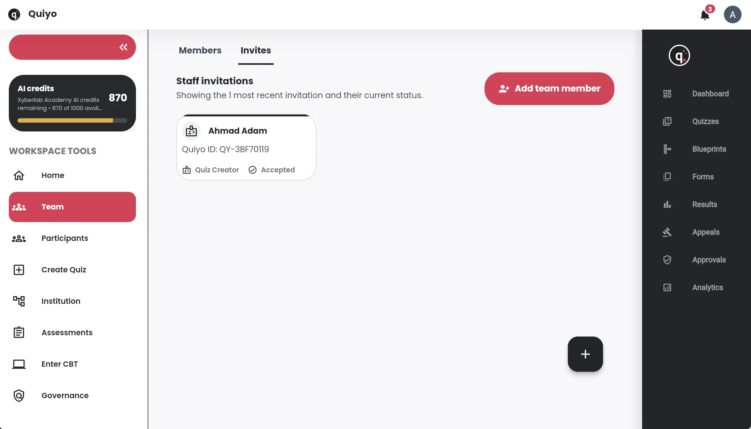 Related Quiyo interface for Institution plans, capacity and AI usage