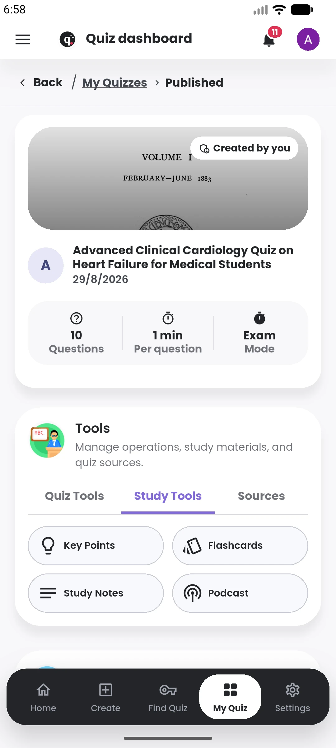 Move into the quiz workspace in the Quiyo mobile app.