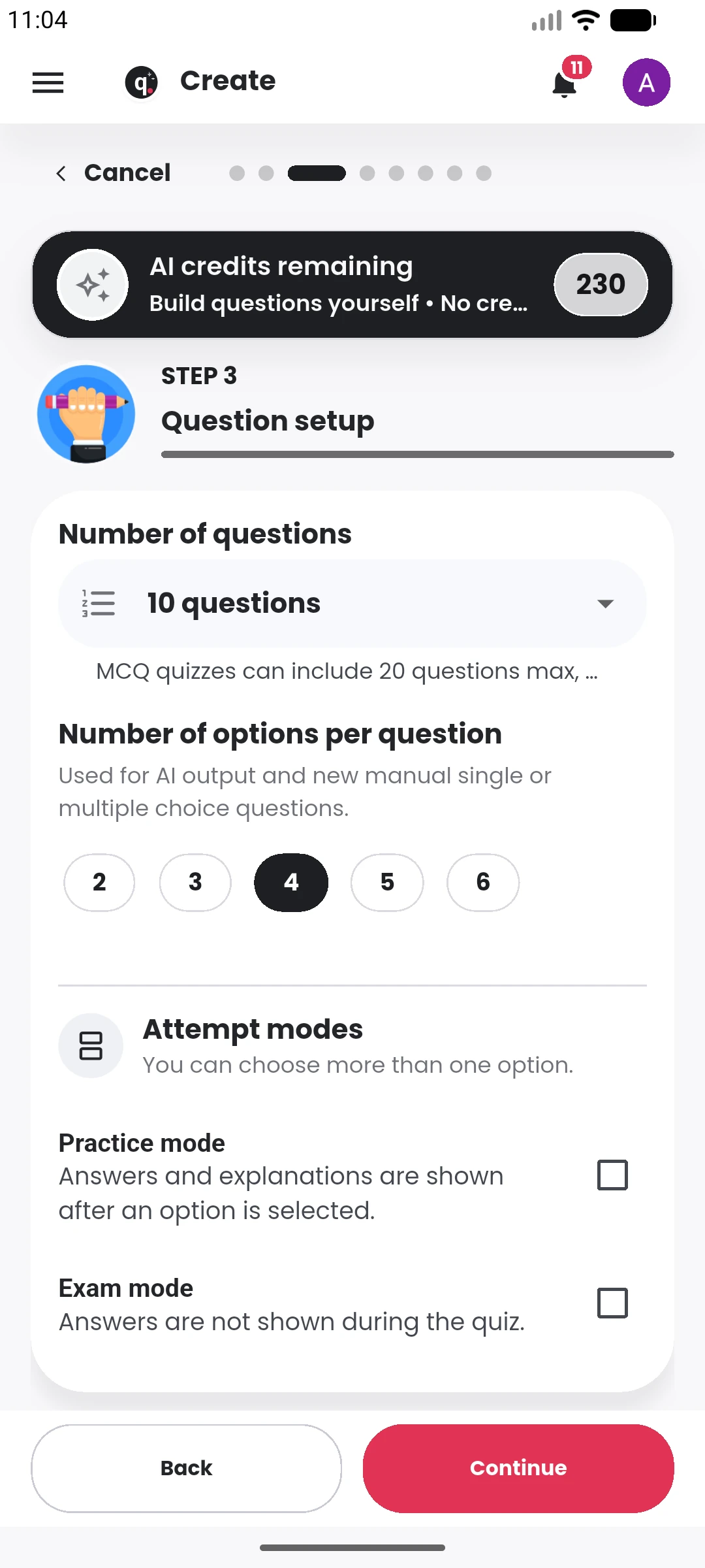 Set the question structure in the Quiyo mobile app.