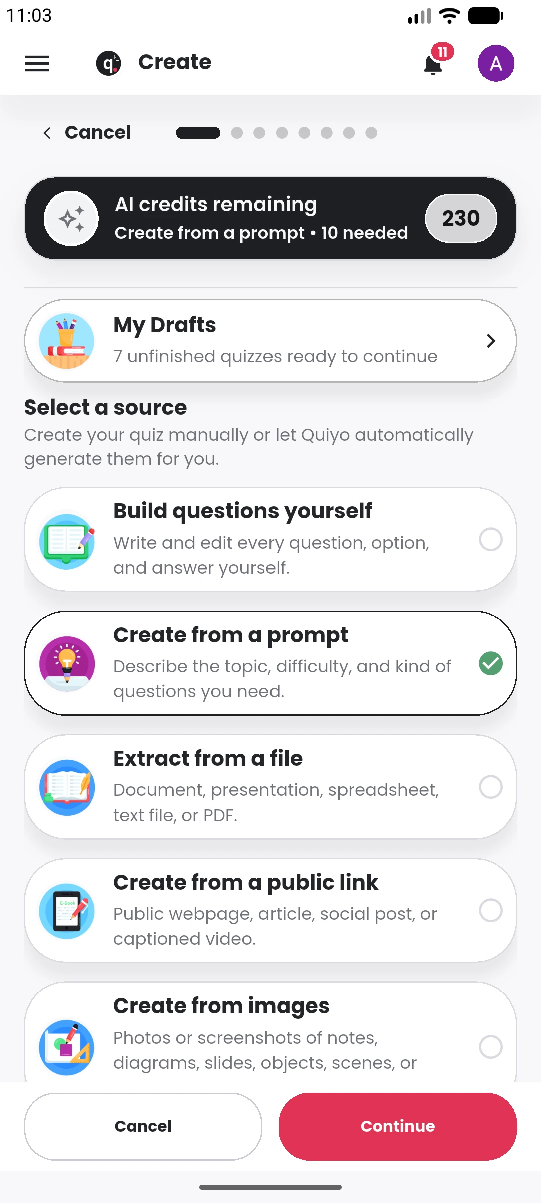 Choose where the questions come from in the Quiyo mobile app.