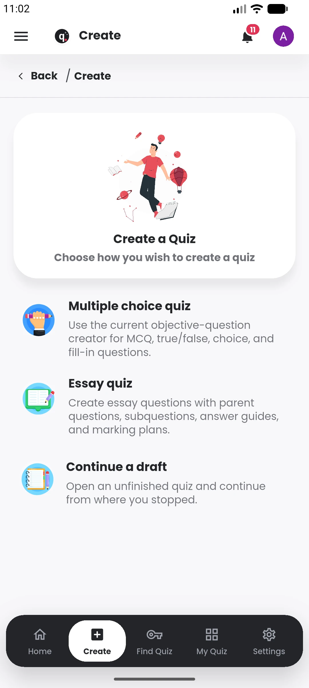 Choose what you are creating in the Quiyo mobile app.