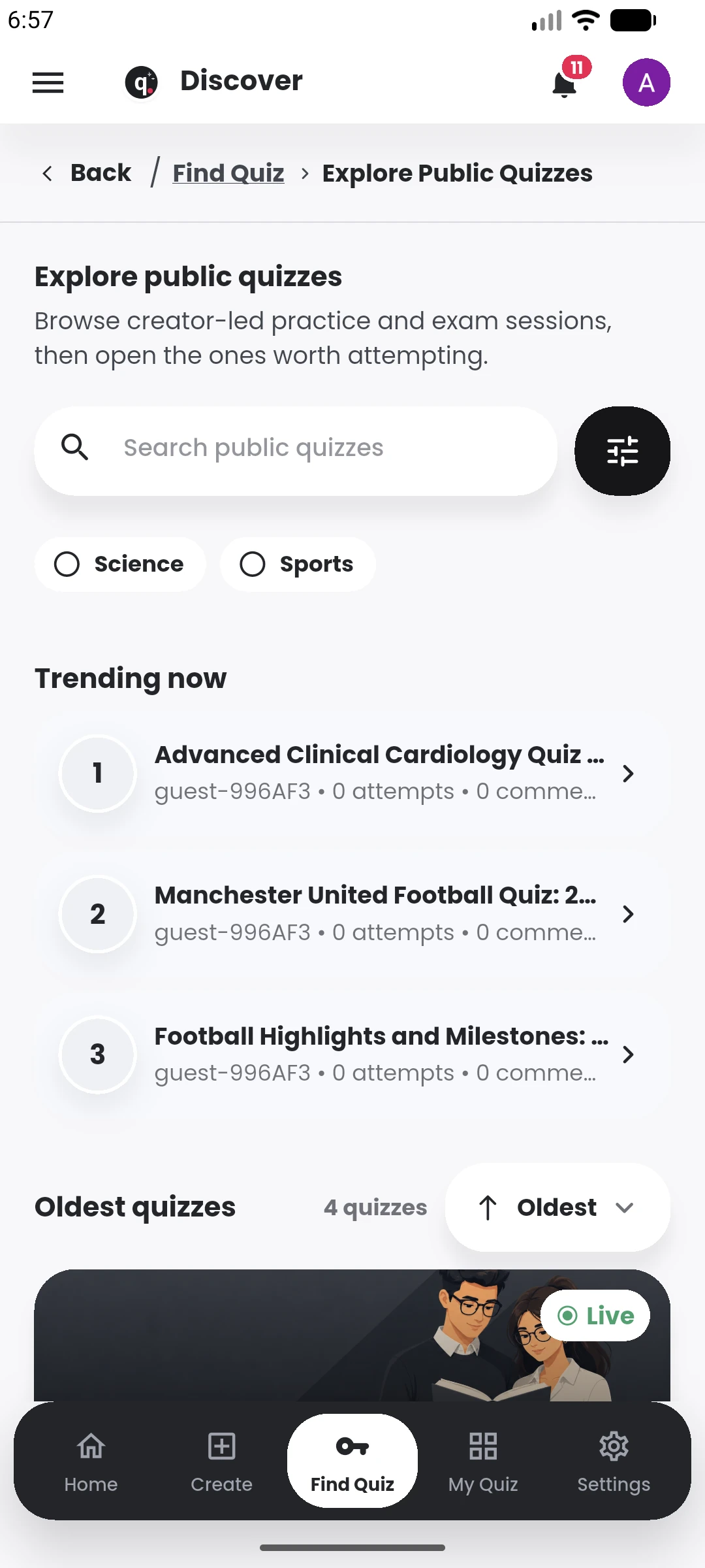 Discover public quizzes in the Quiyo mobile app.