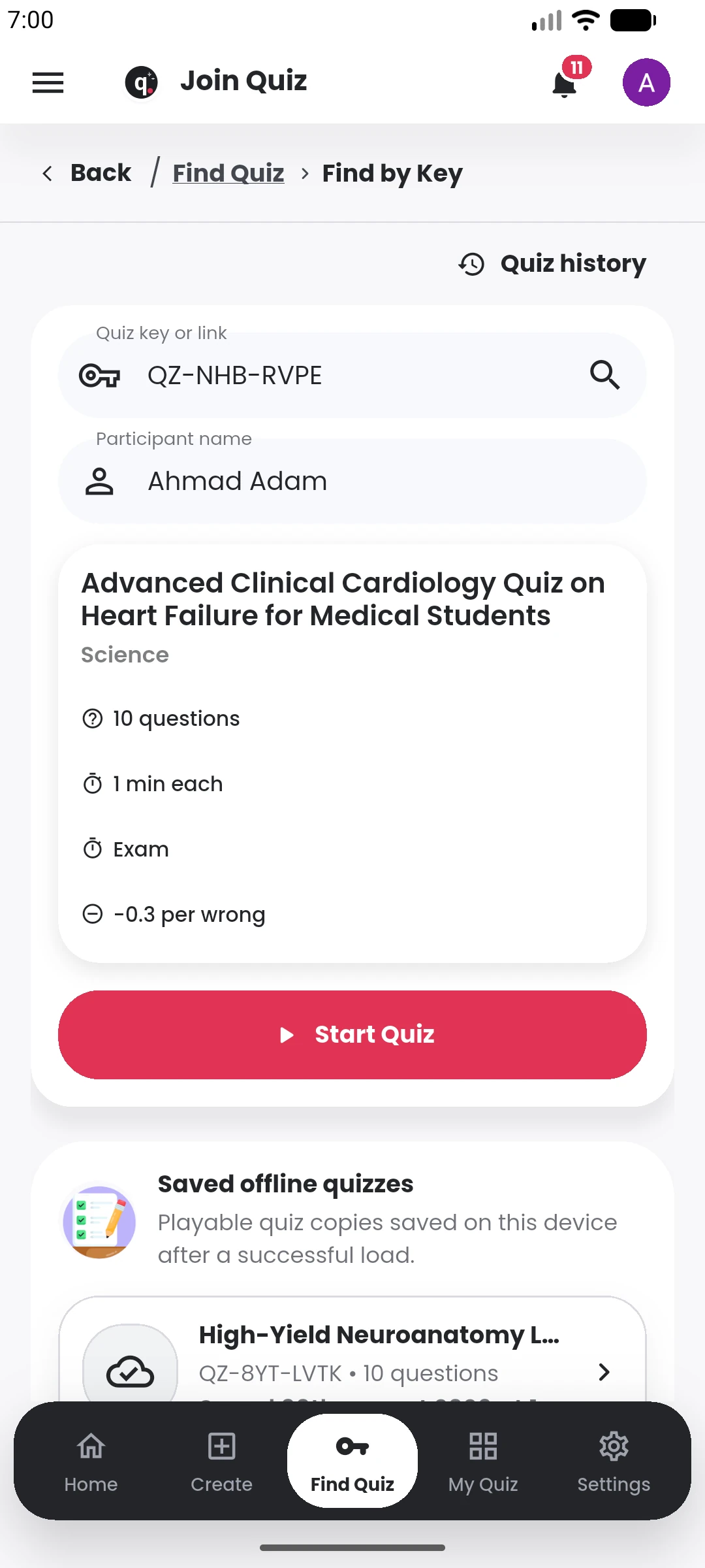 Open the quiz before you start in the Quiyo mobile app.