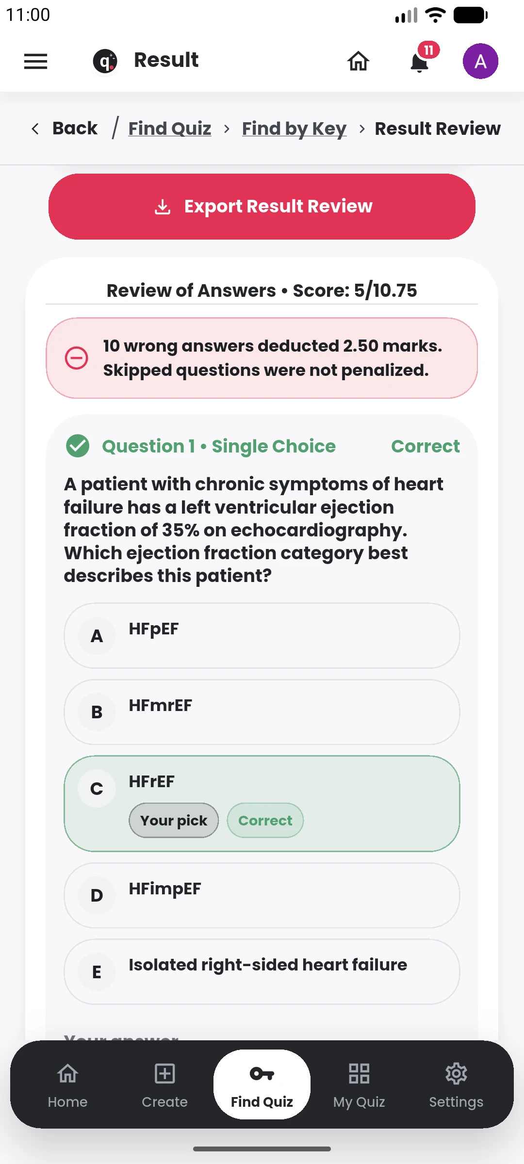 Review every answer in the Quiyo mobile app.