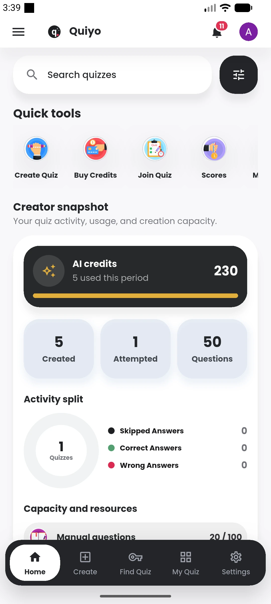 Quiyo mobile home showing quiz activity, AI credits and creator tools.