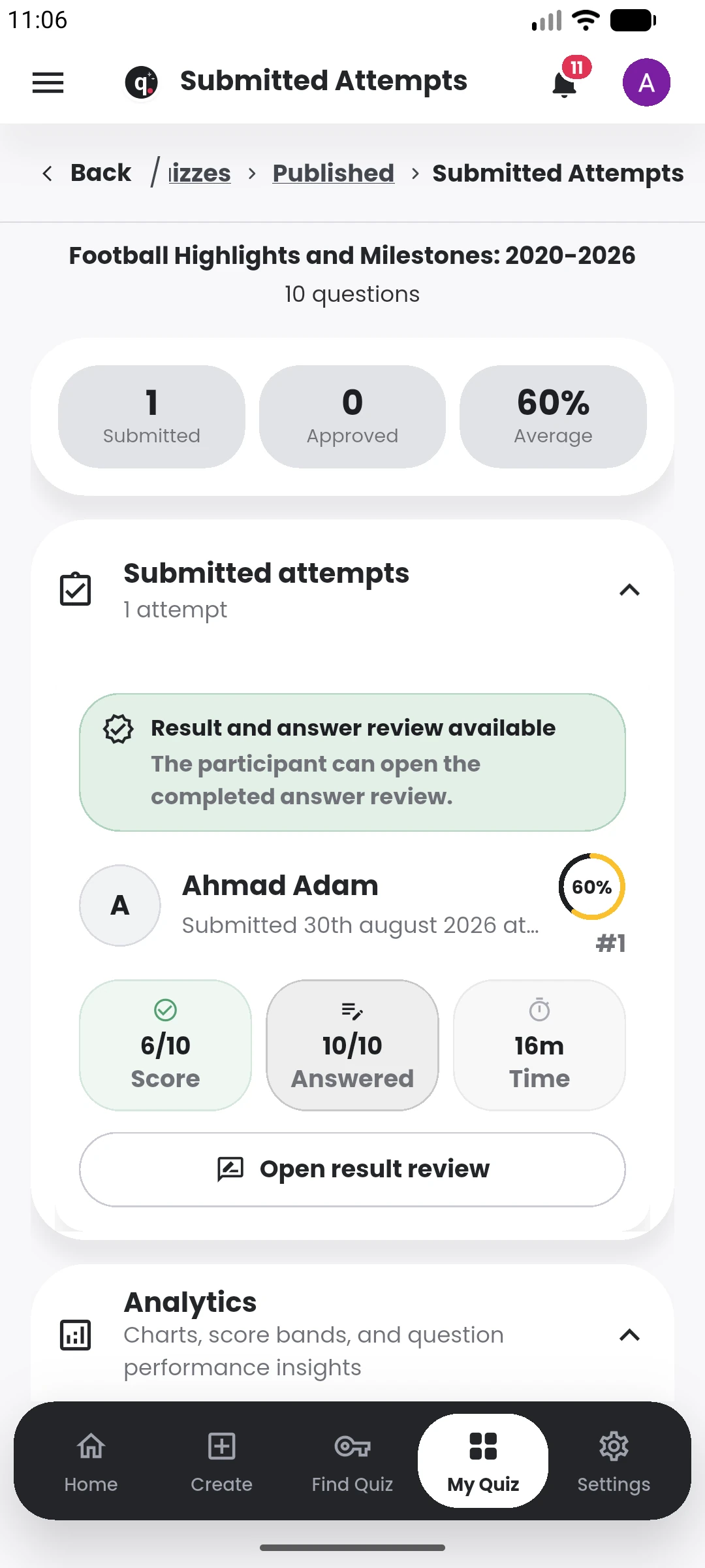 Review submitted attempts in the Quiyo mobile app.